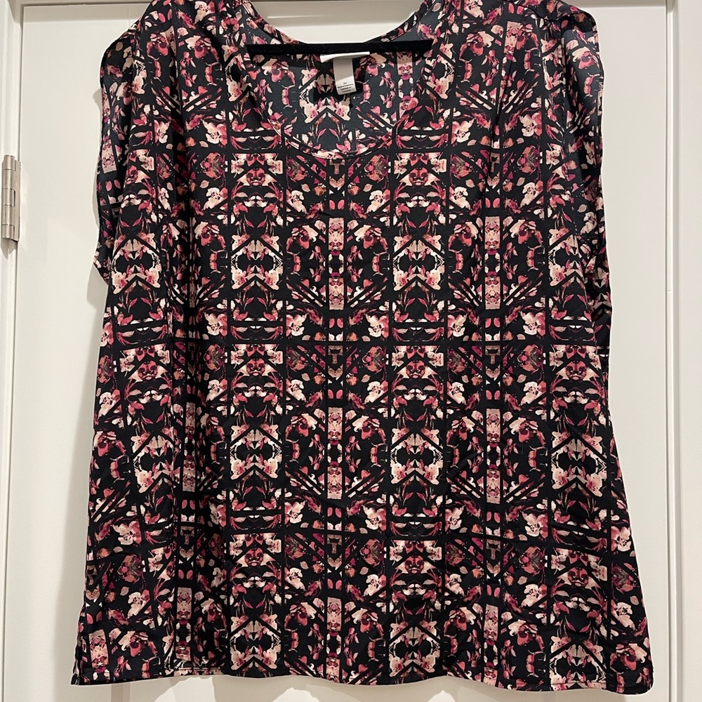 Pure Energy 3X Black & Pink Floral Geometric Blouse | Flowy Work Top